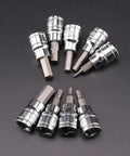 Three Eighths Inch Drive Metric Hex Bit Socket Set In Chrome Vanadium Steel, 2mm To 10mm, arranged on a dark background.