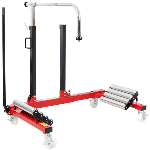 Heavy Duty Wheel Dolly Featuring Two Stage Hydraulic Pump With Four Heavy Duty Swivel Casters For Trucks And Tractors 2640 Lb Load Rating Steel Tire Cart built badass in black and red design.