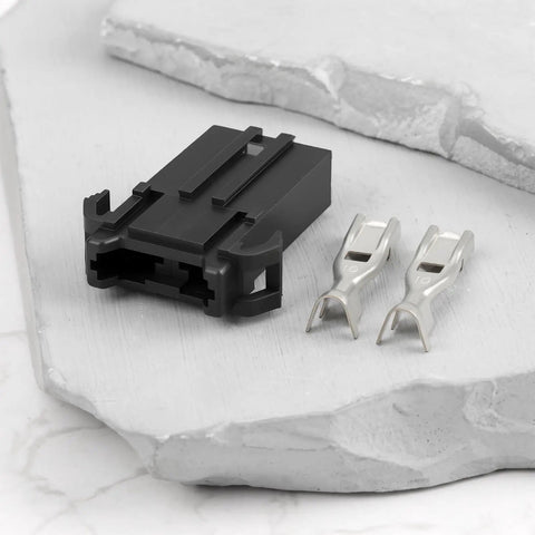 Rock Solid 2 Pin Fuse Holder Fixed Socket Drops Right In For No Sweat MPN 601047, black plastic socket with silver connectors.