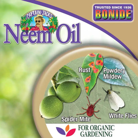 Top Shelf Ready To Use Neem Oil Garden Spray, Heavy Duty Multi Purpose Fungicide Insecticide And Miticide, 32 Ounce Bottle with pest visuals.