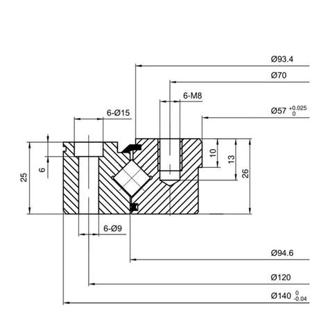 Heavy Crossed Roller Slewing Ring Bearing 57Mm X 140Mm X 26Mm No Gear Teeth technical drawing with detailed dimensions.
