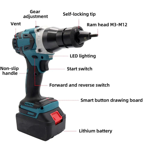 Image of Badass Cordless Rivet Gun Kit Handles M3 M12 Blind Nuts with LED lighting and non-slip handle, showcasing features.