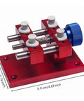 Beefy Aluminum Work Holder With Anodized Red Finish And Knurled Blue Adjustment Knob A Solid Workshop Tool For Securely Holding Parts And Precise Repairs Heavy Duty Aluminum Alloy Build For Everyday Shop Use, red aluminum work holder with blue knob, 11.9 cm base