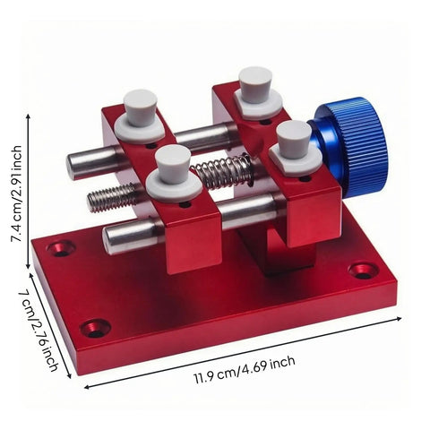 Aluminum Work Holder With Threaded Tightening Screw And Two Sliding Clamps Rock Solid Red Anodized Finish Heavy Duty Workshop Tool For Precise Part Holding And Repair, 11.9 cm base