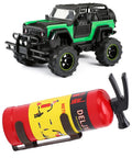 Dope Scale RC Car Fire Extinguisher Prop Lightweight Portable Rescue Gear Realistic Red Decor Solid Build for Axial Scx10 Wpl Mn Rock Crawlers setup with a green RC truck