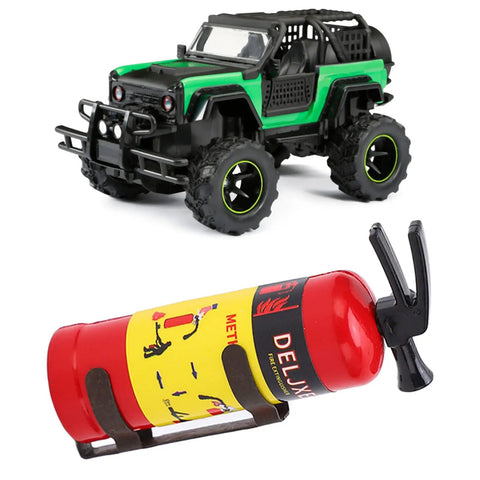 Dope Scale RC Car Fire Extinguisher Prop Lightweight Portable Rescue Gear Realistic Red Decor Solid Build for Axial Scx10 Wpl Mn Rock Crawlers setup with a green RC truck
