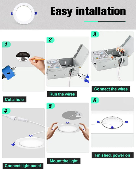 Installation steps for 12 Pack 6 Inch Ultra Thin LED Recessed Lights With Junction Box 5000K Daylight 13W 120W Equivalent
