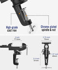 3 Inch Universal Swivel Base Table Vise With 360 Degree Rotation Portable Bench Clamp featuring dimensions and specifications.