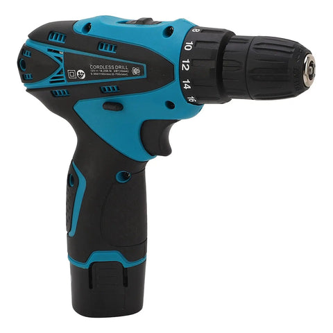 Tough As Nails 12V Cordless Drill Packed With A Sleek 1300mAh Lithium Battery, side view showing keyless chuck and grip.