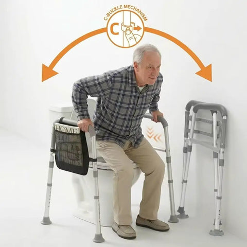 Senior man using No Sweat Setup Heavy Duty Toilet Safety Rails And Medical Stand Assist For Seniors With Super Solid Bathroom Grab Bars.