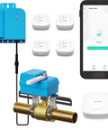 Smart Water Leak Detection And Shutoff Starter Kit with four leak sensors, X3 Wireless Valve Controller, and mobile app view.