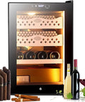 Top Shelf Cedar Wood Cigar Humidor With Digital Hygrometer And Deep Removable Drawers Delivering A Hella Roomy 300 Cigar Setup with cigars and wine bottles
