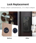 Solid Pro Smart Fingerprint Deadbolt Lock With Straight Up Auto Lock Integration Magnetic Door Sensor, before and after installation comparison.