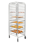 Heavy Duty 20 Tier Bakery Rack Straight Up Solid Aluminum Cooling Cart For Full And Half Sheet Pans with baked goods.