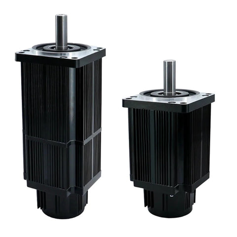 Front view of two black servo motors with ribbed heatsink housings and silver mounting flanges.