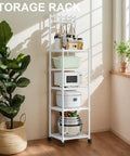 The Real Deal Five Tier Storage Rack Heavy Duty Metal Shelving Unit With Smooth Rolling Casters Rust Resistant Black Finish Built Tough For Zero Hassle Garage And Versatile Organization, slim white metal shelf with kitchen items.