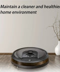 Roomba vacuum on wooden floor beside vase, text "Maintain a cleaner and healthier home environment" visible.