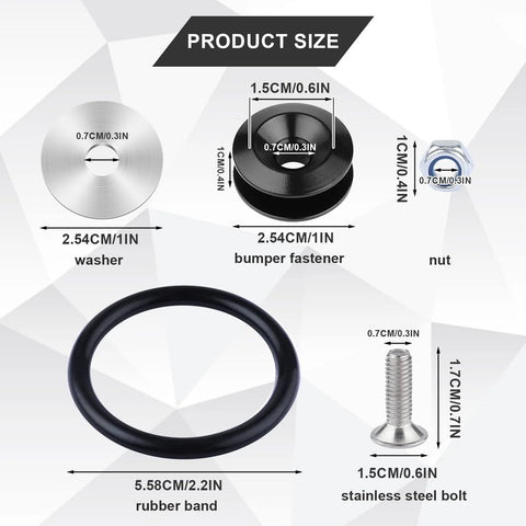 Universal Car Bumper Quick Release Fastener Kit 18 Pieces With 4 Quick Release Tabs 4 Nuts 4 Stainless Bolts 4 Washers 2 O Rings For Front Or Rear Bumpers Ideal For Trunk Bumper Accessory Replacement And Easy Installation size chart showing components