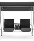 Back view of Two Seat Outdoor Porch Swing With Adjustable Canopy Heavy Duty 650 Lbs Capacity Pivot Storage Table Cup Holders And Cushions