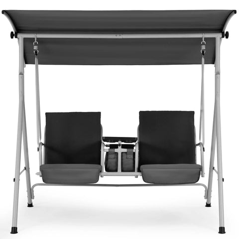 Back view of Two Seat Outdoor Porch Swing With Adjustable Canopy Heavy Duty 650 Lbs Capacity Pivot Storage Table Cup Holders And Cushions