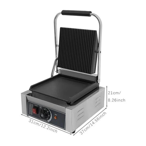 Heavy Duty 1800W Commercial Sandwich Panini Press Grill, stainless steel, 31cm x 37cm flat griddle for cafes and food trucks.