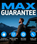 Man next to SUV with 'MAX GUARANTEE' backdrop showcasing customer service and warranty benefits.