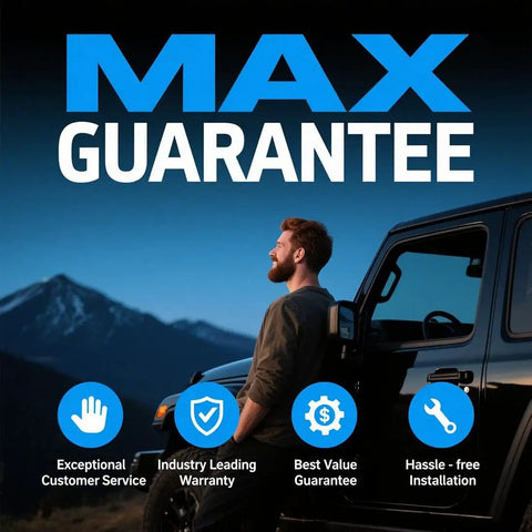 Man next to SUV with 'MAX GUARANTEE' backdrop showcasing customer service and warranty benefits.