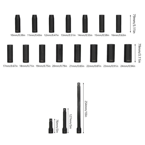 Premium Drive Impact Socket Set Ranging From 10 To 24mm Heavy Duty Cr V Chrome Steel Deep Hex Kit For Serious Automotive Repair And Machine Maintenance Jobs That Need Real Grit And Reliability. 10-24mm deep sockets with extensions