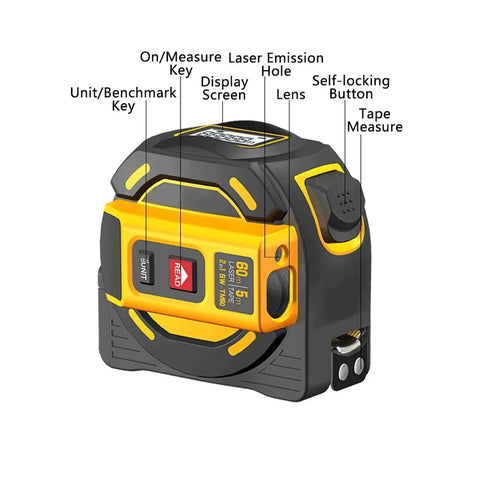 Pro Grade Digital Laser Tape Measure Workhorse 60 Meter 197 Ft Range showing buttons and features on high-def display.