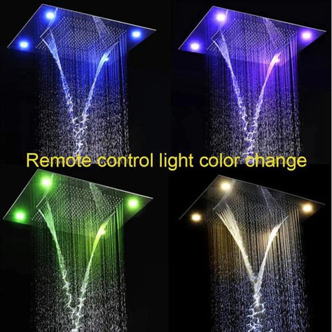 Straight Up Premium Recessed LED Ceiling Rainfall Shower System With Handheld Spray And Heavy Duty Stainless Steel Antique Brass Finish For Your Modern Bath Setup with color changing lights.
