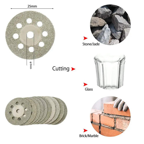 32 Piece Mini Rotary Tool Cutting Set Includes HSS Saw Blades Resin Cut Off Wheels And Diamond Metal Discs For powering through stone and glass.