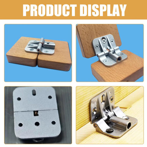 Two silver zinc-alloy torque cabinet hinges, 90° drop-leaf table hinges mounted on wood