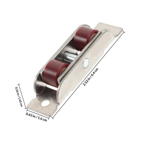 Eight Piece Heavy Duty Double Wheel Pulley Kit For Effortless Smooth Gliding Sliding Screen Doors And Window Track Replacement Barn Door Rollers With Dead Simple Setup, steel double wheel pulley with red rollers.