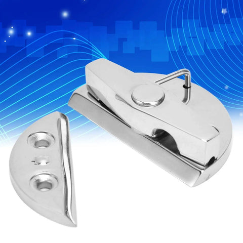Top Shelf 316 Stainless Steel Twist Catch Latch Marine Hinge Kit featuring a flat round plate on a blue background.