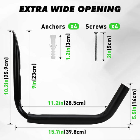Extra wide opening of Tough As Nails Heavy Duty Kayak Storage Rack, dimensions and hardware included for wall mounting.