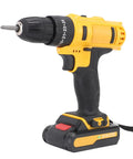 Rugged 21V Cordless Drill And 3 In 1 Impact Driver Kit Featuring Straight Shooting Accuracy Up To 1280 Rpm, close-up view showing drill and battery.