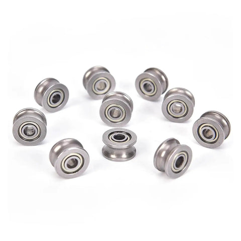 Top Shelf Heavy Duty V Groove Ball Bearing Guide Pulleys 4 By 13 By 7 Millimeters Double Shielded Carbon Steel Components For Smooth As Butter Linear Motion Slides 10 Piece Bulk Kit on white background.