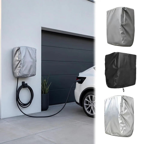 Tough As Nails Waterproof EV Charging Station Cover With All Season Dust Shield For Wall Mounted Electric Vehicle Plugs and Outdoor Home Chargers in silver fabric