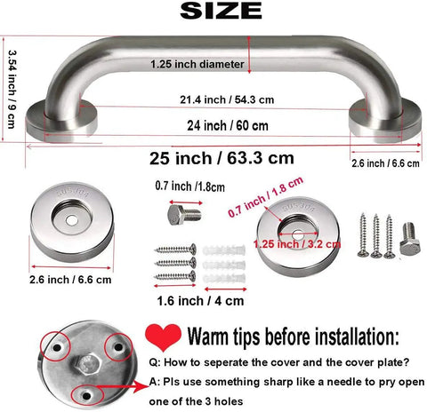 Built Tough 24 Inch Shower Grab Bars 2 Pack, stainless steel dimensions and hardware details for mounting installation.