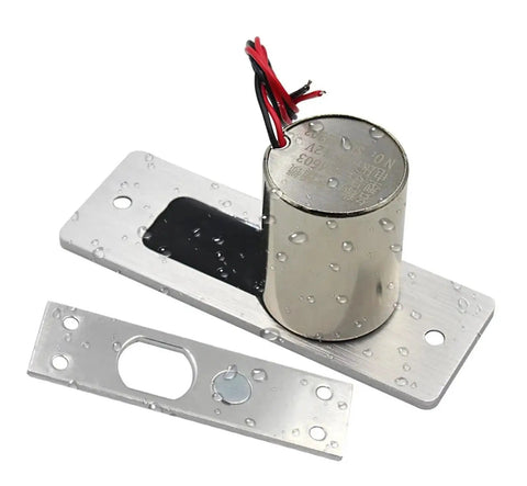 Bulletproof Waterproof Drop Bolt Deadbolt Featuring DC12V Electronic Mortise Lock with water droplets on metal surface.