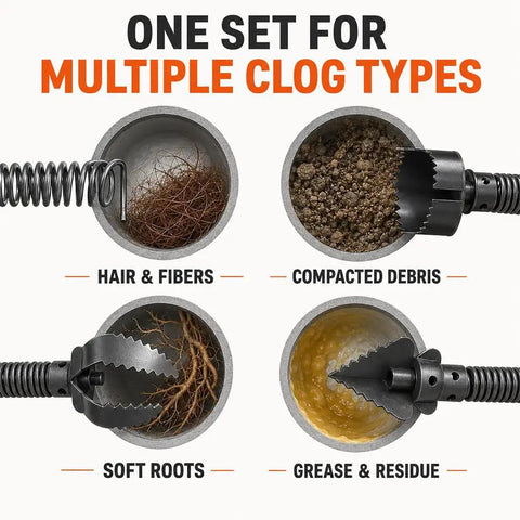 Rock Solid 7 Piece Drain Snake Cutter Assembly with Heavy Gauge Steel Coils for tackling hair, roots, grease, and debris.