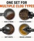 Top Shelf Seven Piece Drain Cleaning Cutter Head For Heavy Duty Auger Replacement With A Tough As Nails Metal Build and Serrated Edges to Knock Out Stubborn Sewer Clogs and Pipe Jams Without the Hassle, showcasing various clog types.