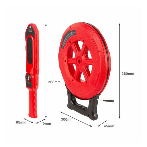 Dead On Stud Finder Wall Scanner with Wireless Pipe And Cable Blockage Detector, red handheld scanner and reel.