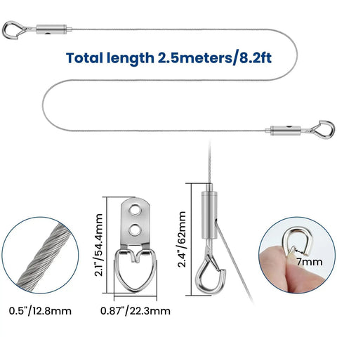 Hella Sturdy 6.6 Foot Adjustable Picture Hanging Wire With Quick Slide Adjustment For Mirrors And Frames Two Pack 304 Stainless Steel support cable with hooks.