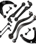 Zero Play 10 Piece Front Suspension Fix Kit With Lower And Upper Control Arms Plus Sway Bar Links For Ford Fusion Lincoln Mkz And Mercury Milan Fwd 2010 To 2012 components arranged on a white background.
