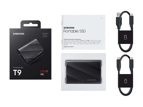 T9 Portable SSD 2TB External Solid State Drive With USB 3 2 Gen 2x2 And Read Speeds Up To 2000MB Per Second Perfect For Gaming Students And Pros Built Tough With Dynamic Thermal Guard Black, packaging and cables