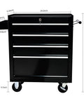 Heavy Duty Rolling Tool Chest With Four Top Shelf Drawers And Secure Locking Mechanism Rock Tough Steel Shop Organizer For Garage Crew Pro Grade Mechanics Storage Black, 24.2x12.9x29.9 inches dimensions.