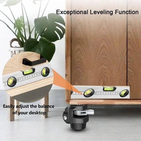 Leveling Stem Casters For Workbenches Heavy Duty 360 Degree Swivel Wheels With Upgraded Ergonomic Handle And Ratchet Arm For Easy Height Adjustment Self Leveling 4 Pack 2200 LBS Capacity shown adjusting cabinet balance with level tool.