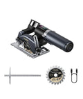 Compact Mini Cordless Circular Saw With A 3 3/8 Inch Blade And Brushless Motor, accessories and saw blade visible.