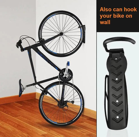 Heavy Duty Electric Scooter Wall Mount Rack With Bulletproof Vertical Hook Holder For Garage Or Shed Storage Space Saver Handles Kid Bikes And E Scooters Up To Sixty Pounds Zero Hassle Install Two Pack, bikes mounted on wall with storage hook.